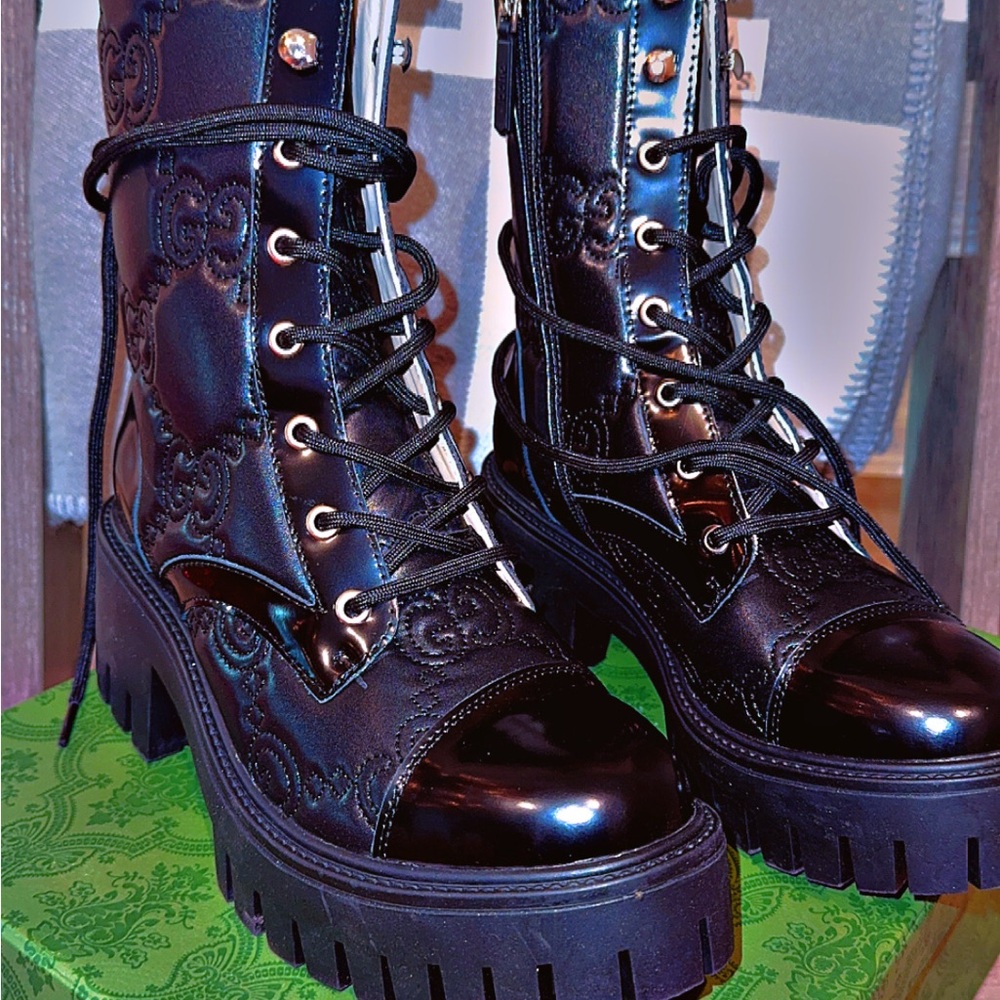Gucci Black Embossed Combat Boots